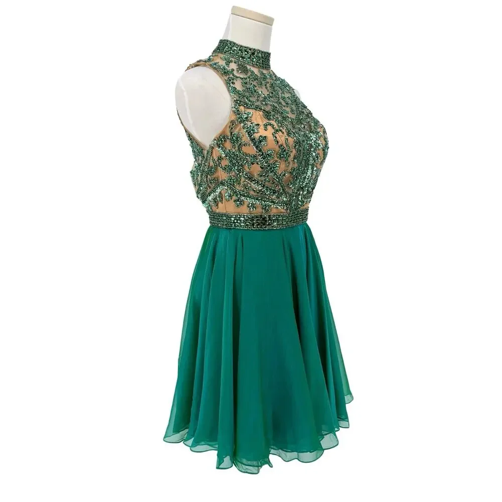 Sherri Hill Beaded Cocktail Dress Mermaid Green Fit & Flare Sz 2 Y2K VTG Prom